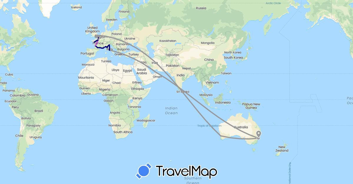TravelMap itinerary: driving, plane, train in United Arab Emirates, Australia, France, United Kingdom, Italy, Monaco (Asia, Europe, Oceania)